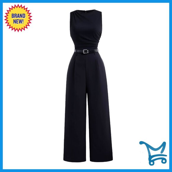 Wide Leg Jumpsuit with Belt Ruched Sleeveless Office Work Romper